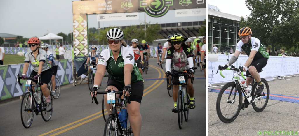 Two photo collage of bike riders starting the Pelotonia ride